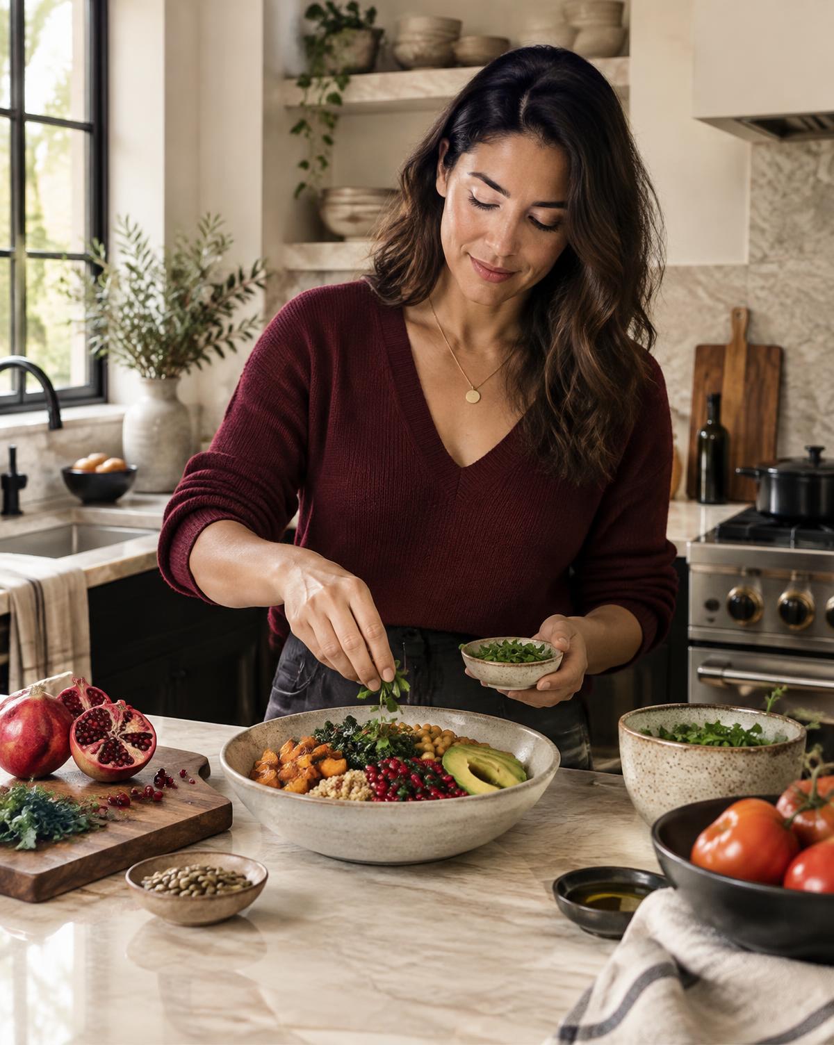 Woman preparing a balanced meal in a calm kitchen