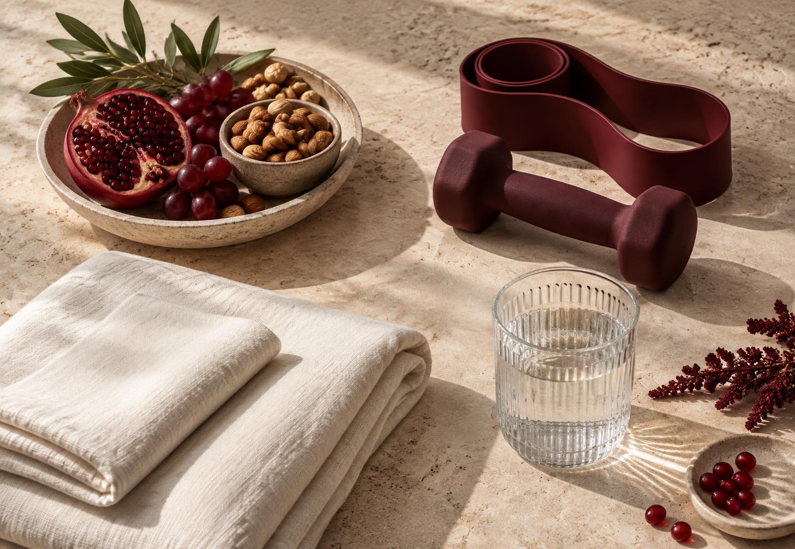 Food, movement, rest, and hydration objects arranged on warm stone